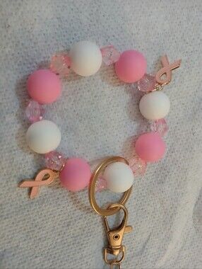 NWT Handcrafted Pink/White Awareness Beaded Keychain / Purse/ Backpack Bracelet.